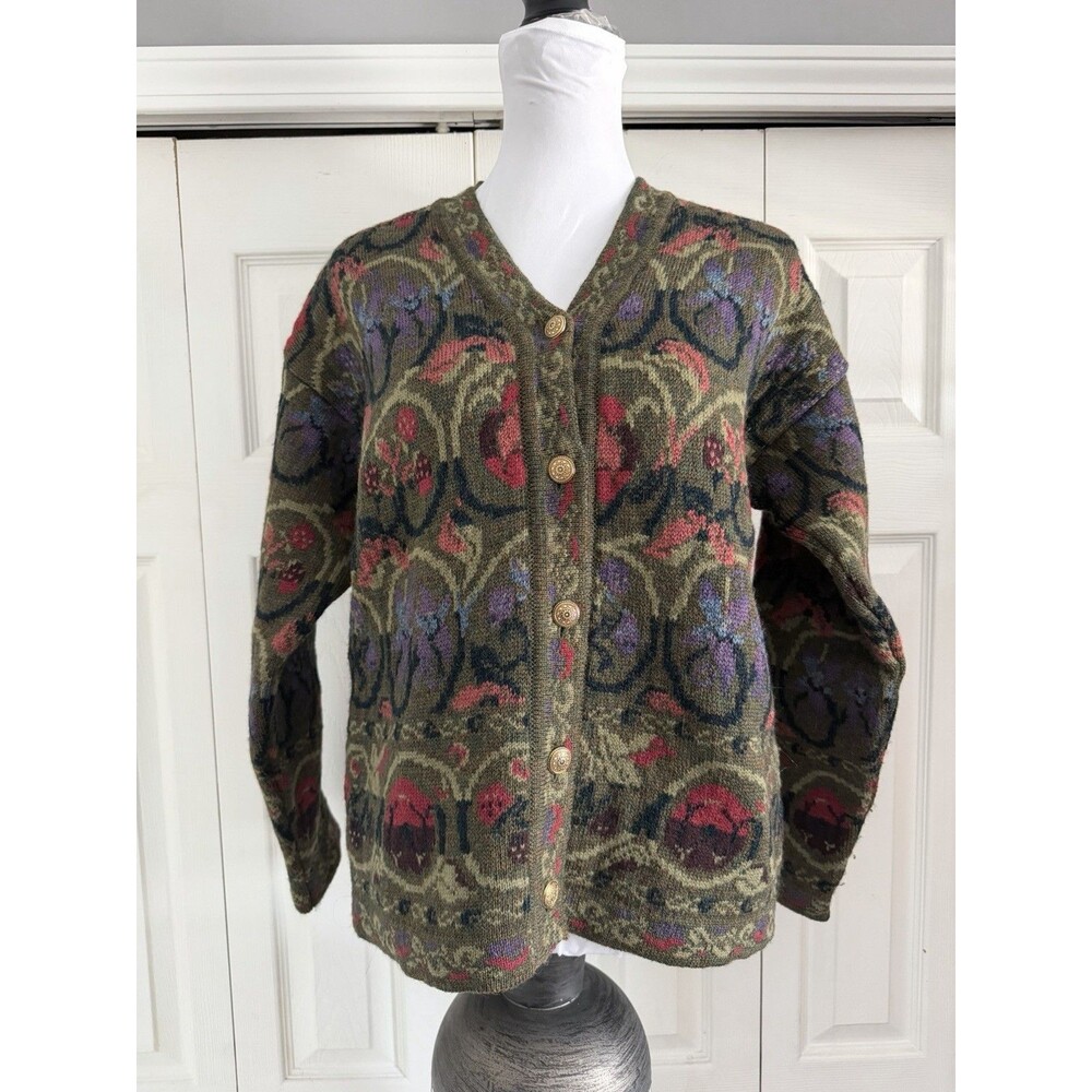 Cherry Lewis Cardigan Womens Medium Wool Blend Floral England Fair Isle Sweater